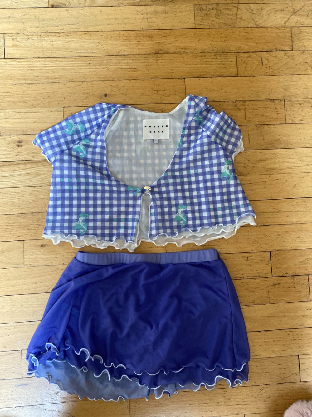Poster girl purple/green mesh coverup top and skirt. Top is a small. Skirt  med.